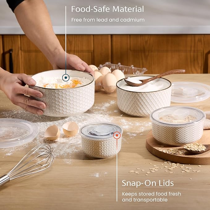 KooK Serving Bowls, with Lids, Ceramic Nesting Bowls, Set of 4, Embossed, Kitchen, Prep, Stackable, Gift, Microwave and Dishwasher Safe, 10/16/29/47 oz, Narbonne Collection (Ivory) - Image 2