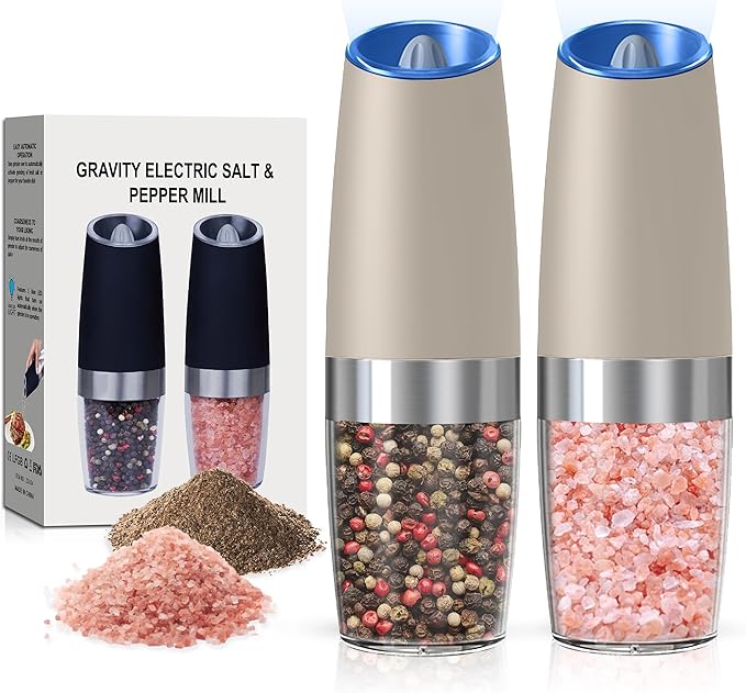Battery Operated Salt And Pepper Grinder Set with LED Light, Automatic Electric Gravity Salt And Pepper Shakers Set, Each 6 AAA Batteries Needed, Adjustable Roughness, 2 Pack (Khaki) by Unknown