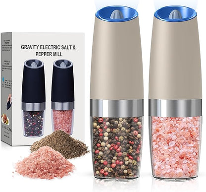 Battery Operated Salt And Pepper Grinder Set with LED Light, Automatic Electric Gravity Salt And Pepper Shakers Set, Each 6 AAA Batteries Needed, Adjustable Roughness, 2 Pack (Khaki) by Unknown