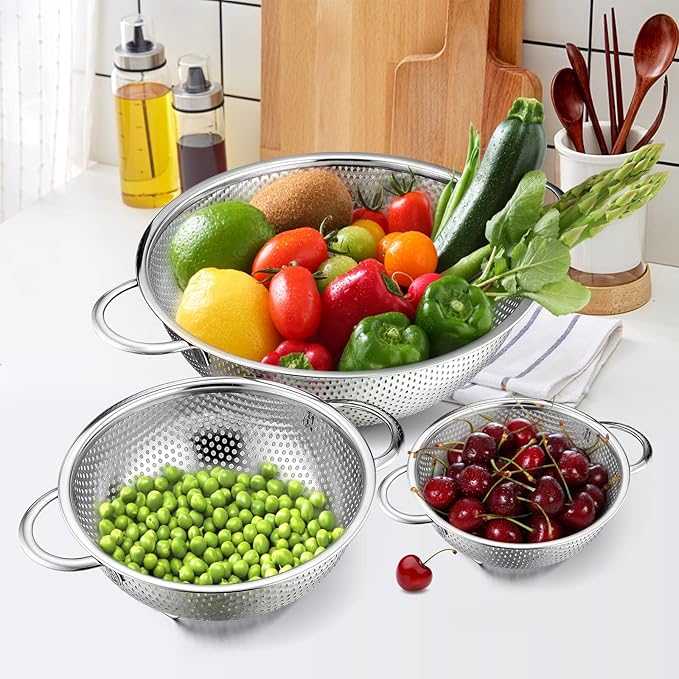 E-far Stainless Steel Colander Set of 3 (1-3-5Quart), Micro-Perforated Metal Colander Strainer with Handle for Kitchen/Draining Pasta/Rinsing Vegetables Fruits, Heavy Duty & Dishwasher Safe - Image 6