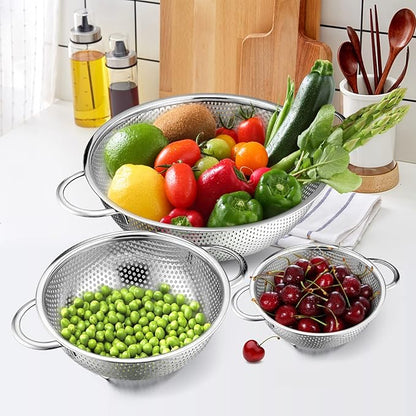 E-far Stainless Steel Colander Set of 3 (1-3-5Quart), Micro-Perforated Metal Colander Strainer with Handle for Kitchen/Draining Pasta/Rinsing Vegetables Fruits, Heavy Duty & Dishwasher Safe - Image 6