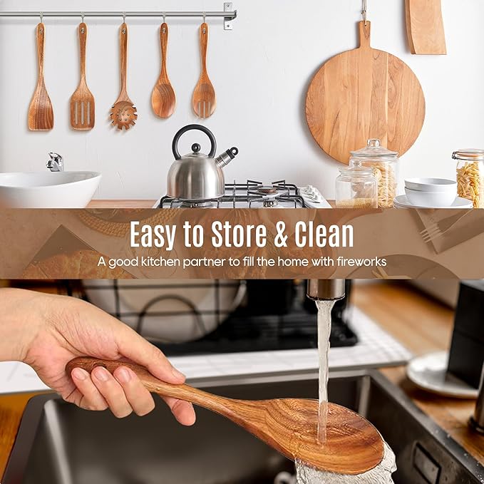 5 PCS Wooden Spoons for Cooking Natural Teak Kitchen Utensils Set Smooth Non-Stick Surface Cooking Utensils Set Soft Comfort-Grip Wooden Spatula Set - Image 4