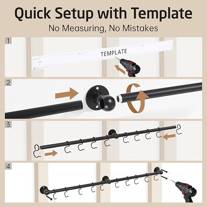 KES 130lb High-Capacity 32 Inch Pot Rack Wall Mounted with 3X Thick Tube, Pot and Pan Hanger with 10 Hooks for Cast Iron Utensil, Kitchen Pot Rail with Drilling Template for 16" Stud Mount, Black - Image 7
