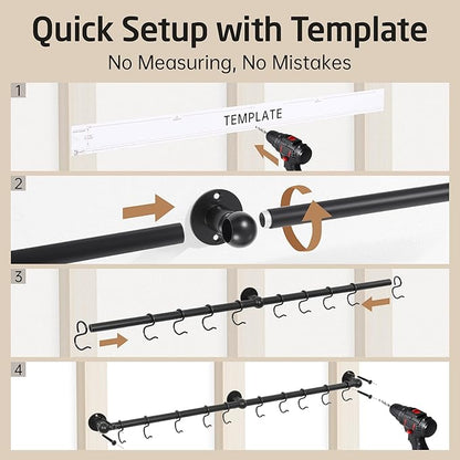 KES 130lb High-Capacity 32 Inch Pot Rack Wall Mounted with 3X Thick Tube, Pot and Pan Hanger with 10 Hooks for Cast Iron Utensil, Kitchen Pot Rail with Drilling Template for 16" Stud Mount, Black - Image 7