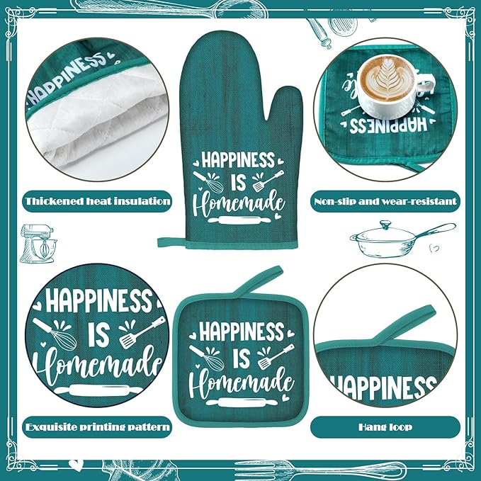 Fourluoo 10 Pcs Farmhouse Kitchen Decor and Accessories Set 4 Kitchen Towels 2 Pot Holders 2 Oven Mitts 2 Rugs for Cooking Baking Mom Housewarming Gifts(Light Blue,Classic Style) - Image 6