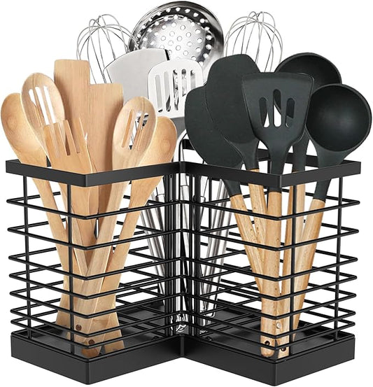 Suli Extra Large Kitchen Utensil Holder with 3 Compartments，Matte Black Metal Corner Kitchen Caddy for Countertop，Farmhouse Rustic Cooking Storage-Black by Suli