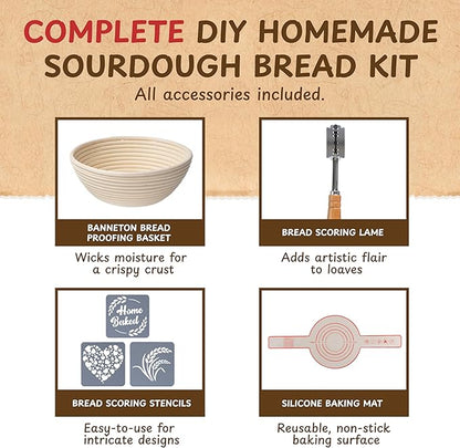 Complete Sourdough Bread Starter Kit, Glass Sourdough Starter Jar Kit & Tons of Sourdough Baking Supplies - Sourdough Starter Kit Includes Sourdough Jar, Banneton Bread Proofing Basket & More