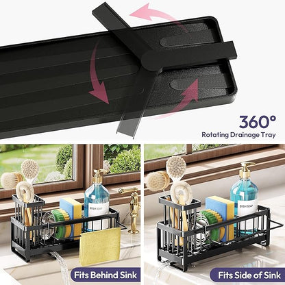 SWTYMIKI Sponge Holder for Kitchen Sink - Sink Caddy with Brush Holder Self-draining Sponge Caddy Organizer with Divider Stainless Steel Kitchen Accessories Storage for Countertop, Black - Image 2