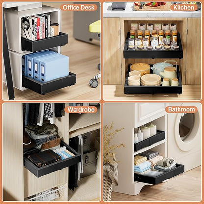 2 Pack Pull out Cabinet Organizer, Width (12"-19") Depth (17"-23"), with 3 Rails Adjustable Slide, Expandable Pullout Drawers for Cabinets, No Drill Adhesive Kitchen Drawers for Pantry Shelves - Image 4