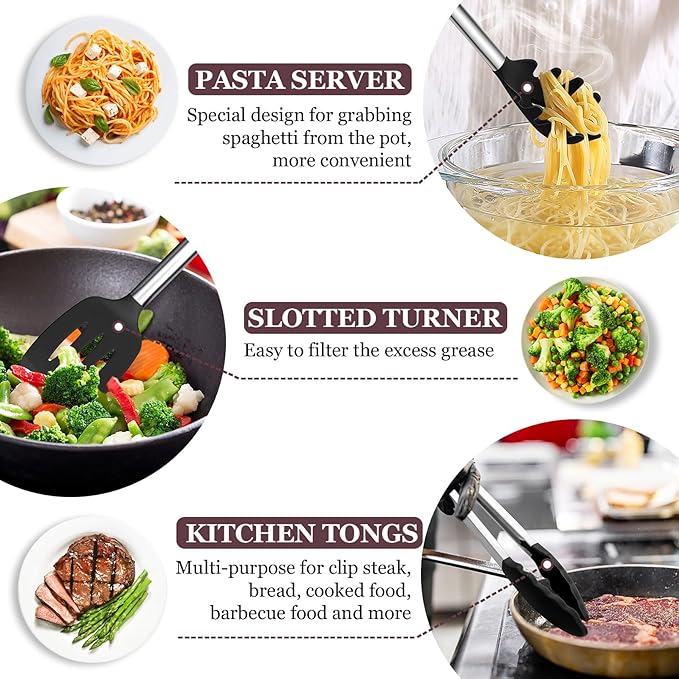 TeamFar Kitchen Utensils Set of 8, Silicone Utensils Kitchen Tools Set with Stainless Steel Handle, for Frying Serving Flipping Draining, Non-toxic & Heatproof, Nonstick & Dishwasher Safe - Black - Image 4
