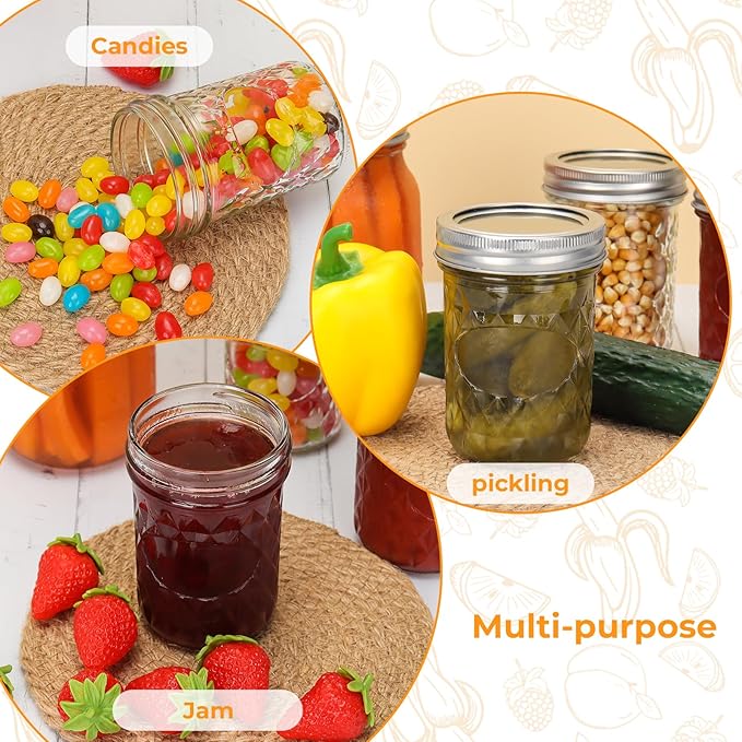 Eathtek 8 oz Mason Jars 20 Pack, 240ml Mini Canning Jars with Regular Lids for Jelly Herbs Spice Honey Storage, Small Glass Jars Candle jars, Extra Lids Tags Label Included