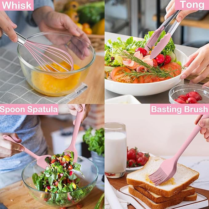 LIANYU 15 Piece Cooking Utensils Set with Stainless Steel Handle, Silicone Kitchen Gadgets with Holder, Heat Resistant Spatula Spoon Turner Tong Whisk Brush Tools for Cooking, Dishwasher Safe, Pink - Image 5