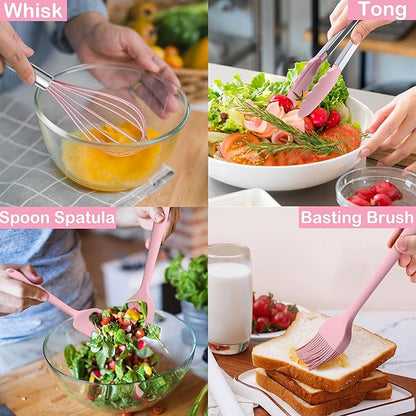 LIANYU 15 Piece Cooking Utensils Set with Stainless Steel Handle, Silicone Kitchen Gadgets with Holder, Heat Resistant Spatula Spoon Turner Tong Whisk Brush Tools for Cooking, Dishwasher Safe, Pink - Image 5