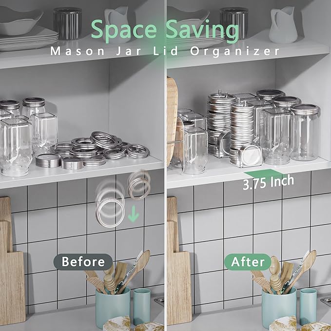 Mason Jar Lid Storage Organizer, Space-Saving Holder for Mason/Canning Lids, Easy Access Rack for 12 Wide & 12 Regular Mouth Lids and Rings Inside Cabinet, Countertop (Acrylic)