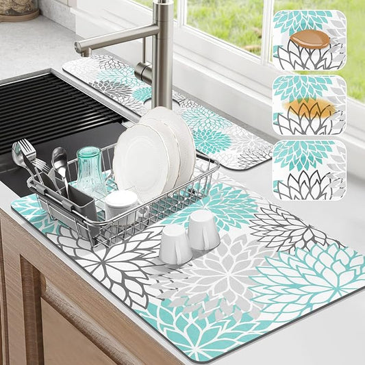 Findosom 2PCS 16" x 24" Dish Drying Mat & 24" x 5.5" Sink Splash Guard, Super Absorbent & Cuttable Dish Mat Drying Kitchen Mat with Teal Floral, Hide Stain Drying Mat for Kitchen Counter by Findosom