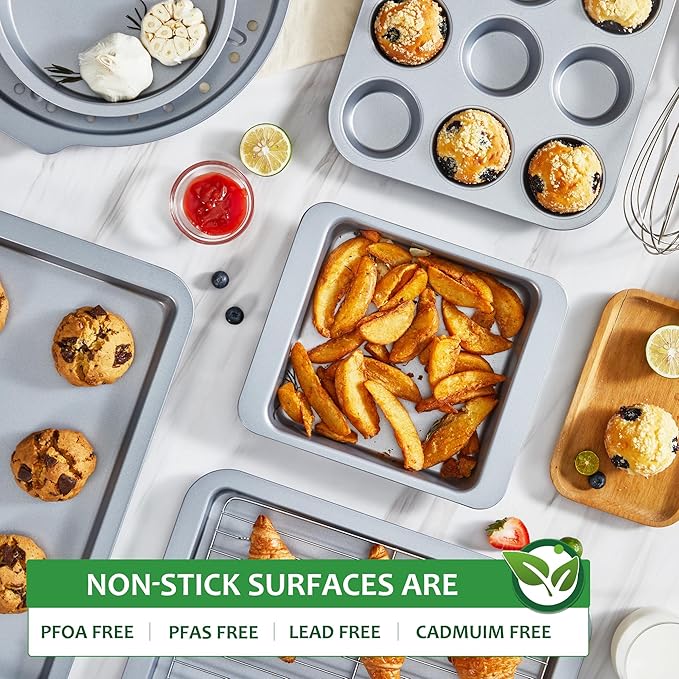 HONGBAKE Bakeware Sets, Baking Pans Set, Nonstick Oven Pan for Kitchen with Wider Grips, 10-Piece Including Rack, Cookie Sheet, Cake Pans, Loaf Pan, Muffin Pan, Pizza Pan - Sliver - Image 5