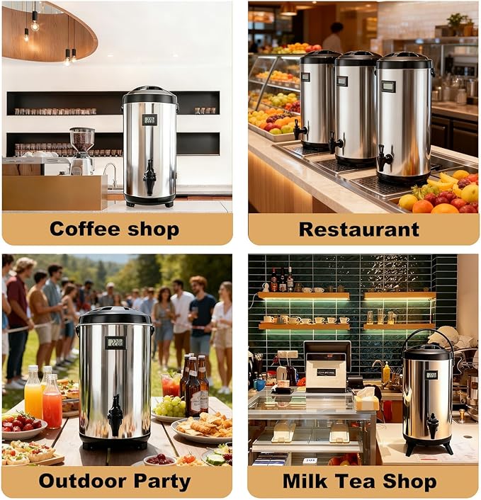 3.2 Gal/12L Non-Electric Insulated Beverage Dispenser, Stainless Steel Thermal Drink Server with Spigot & Temp Display, Hot & Cold Drink Dispenser for Cafes, Restaurants, Parties, Silver