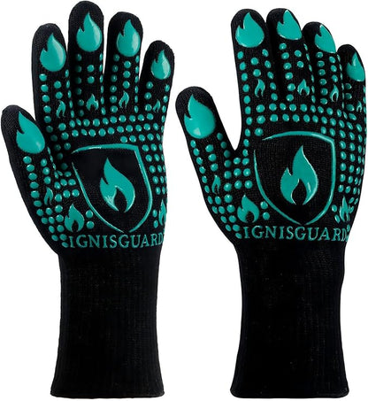 BBQ & Grill Gloves, Oven Gloves, 1472°F Silicone Oven Mitts Heat Resistant Grilling Gloves Fireproof Non-Slip for Barbecue Cooking Baking Smoking, 1-Pair (Green, Medium)