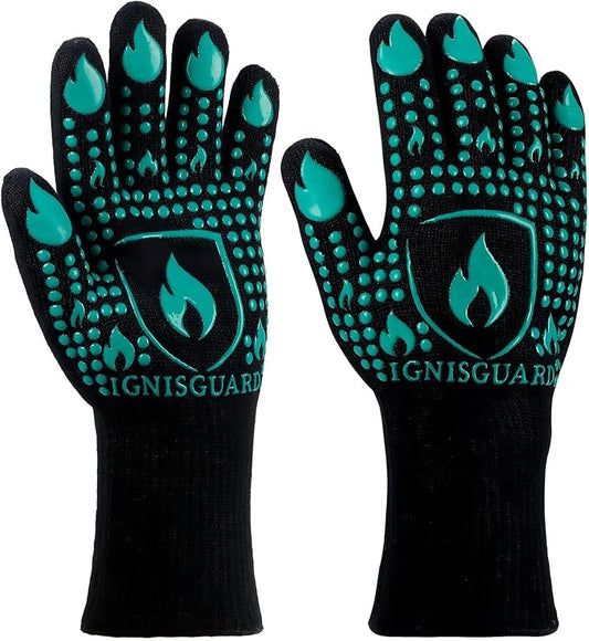 BBQ & Grill Gloves, Oven Gloves, 1472°F Silicone Oven Mitts Heat Resistant Grilling Gloves Fireproof Non-Slip for Barbecue Cooking Baking Smoking, 1-Pair (Green, Medium)