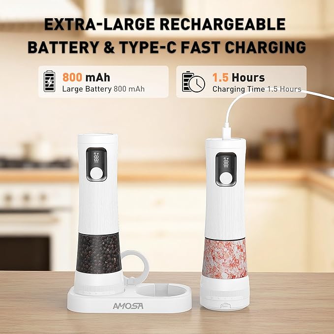 Electric Salt and Pepper Grinder Set, Upgrade 2-Speed Setting, External 5 Adjustable Coarseness, Rechargeable Automatic Salt & Pepper Shakers Mill with Battery Display, Storage Base & Led Light, White - Image 5