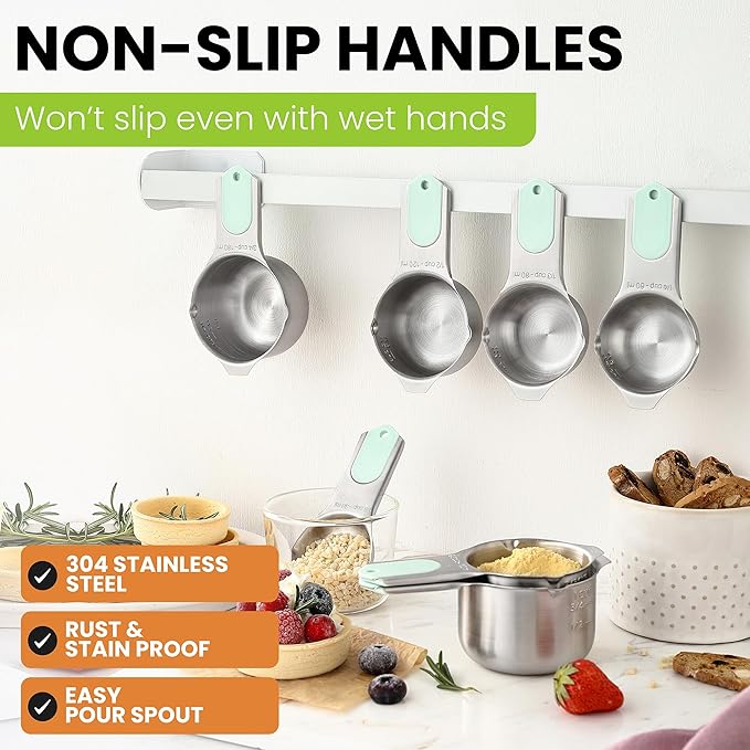Spring Chef Magnetic Stainless Steel Measuring Cups, Patented, Kitchen Tools with Easy to Read Markings for Measuring Dry or Liquid Ingredients, Set of 7, Mint - Image 3