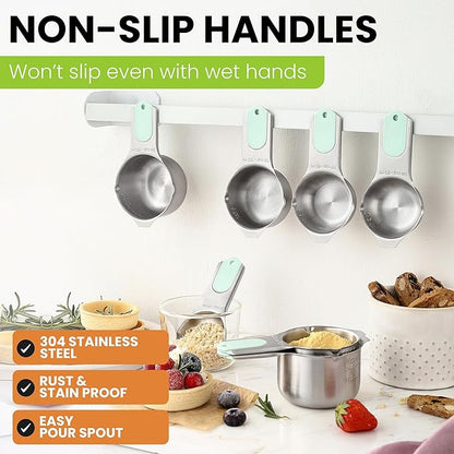 Spring Chef Magnetic Stainless Steel Measuring Cups, Patented, Kitchen Tools with Easy to Read Markings for Measuring Dry or Liquid Ingredients, Set of 7, Mint - Image 3