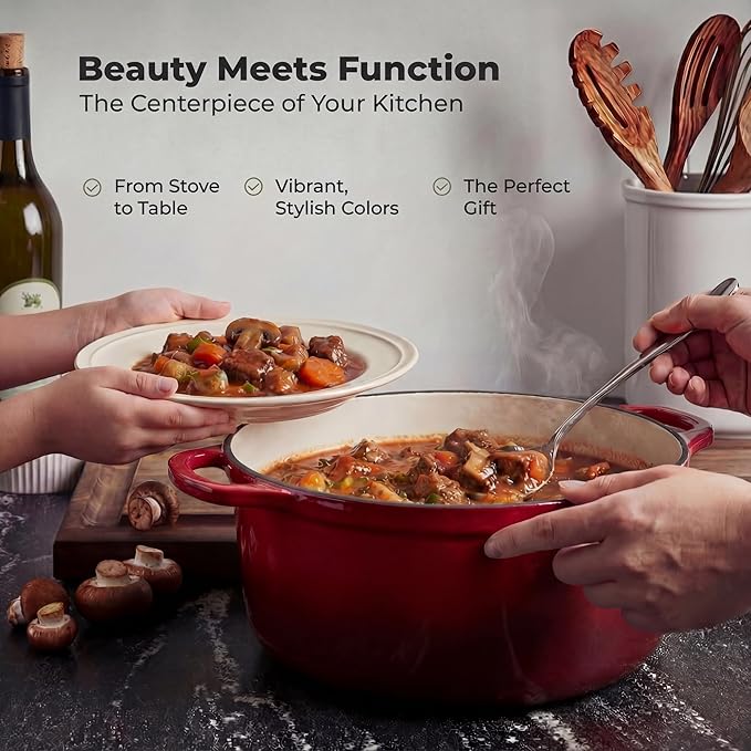 Zulay Kitchen 6 Quart Enameled Cast Iron Dutch Oven Pot with Lid – Premium Durability & Oven Safe up to 500°F – Heavy Duty Cookware Perfect for Bread Baking, Stews, Braising & Roasting – Garnet - Image 7
