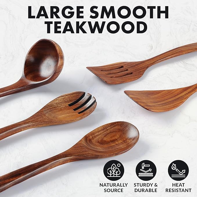 Zulay Kitchen Extra-Large 5-Piece Wooden Spoon Set - Smooth Teak Cooking Utensils - Comfort-Grip Non-Stick Turner, Spatula, Skimmer, Fork, Serving Spoon - Image 2