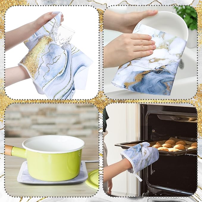 Leinuosen 8 Pcs White Marble Kitchen Decor Dish Towels and Oven Mitts Sets Pot Holders and Dishcloths Farmhouse Kitchen Accessories Decorative Set for Chef Baking Cooking Daughter Mom Gift