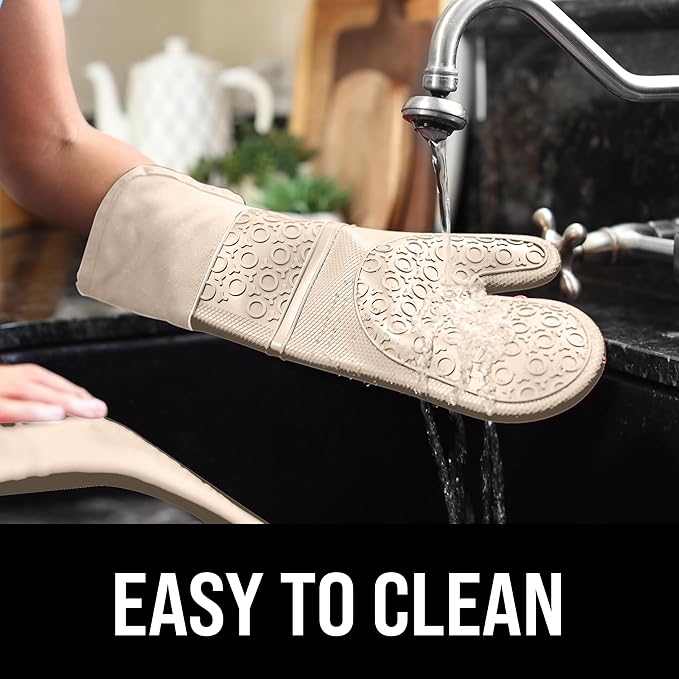 BPA-Free Silicone Oven Mitts Ultra Heat Resistant up to 500°F - Oven Mitts with Thick Cotton Liner - Long Slip Resistant Pot Holders, Flexible Oven Gloves - Beige 14.7 - Image 6
