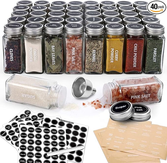 Antimbee 40-Pack 3.5 OZ Glass Spice Jars with 324 Labels, Shaker Lids and Airtight Metal Caps, Empty Reusable Square Seasoning Bottles, Spice Storage Containers, Marker and Stainless Steel Funnel by Antimbee