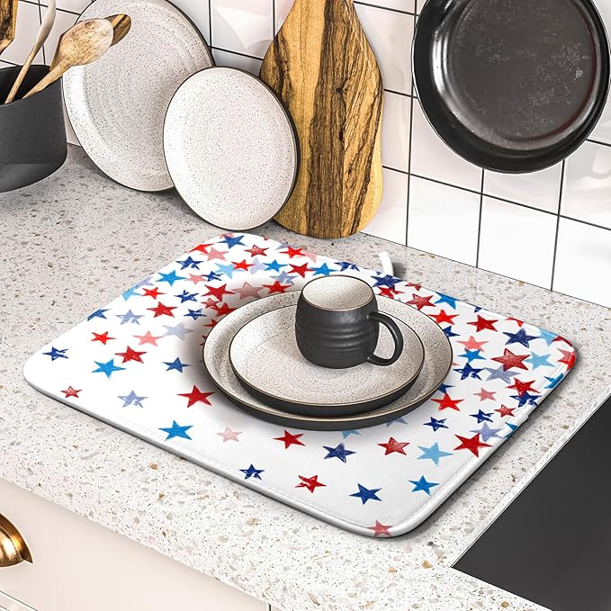 4th of July Dish Drying Mat for Kitchen Counter Patriotic Holiday Microfiber Absorbent Dish Draining Reusable Washable Foldable 16"x18" - Image 5