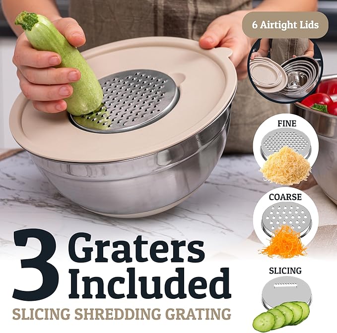 Priority Chef 6Pc Large Mixing Bowls With Lids Set with Non-Slip Bases, Stainless Steel Mixing Bowl Set, 6 Airtight Lids and 3 Graters, Khaki - Image 4