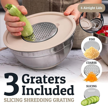 Priority Chef 6Pc Large Mixing Bowls With Lids Set with Non-Slip Bases, Stainless Steel Mixing Bowl Set, 6 Airtight Lids and 3 Graters, Khaki - Image 4