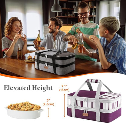 Lifewit Insulated Double Decker Casserole Carrier, Expandable Lasagna Lugger Tote Bag for Hot or Cold Food, Fits 9" x 13" Baking Dish for Potluck Parties, Picnic and Cookouts, Purple