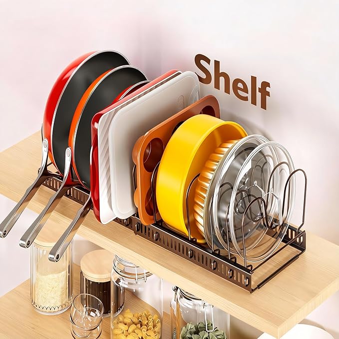 ORDORA Pots and Pans Organizer under Cabinet with Pan Holder: Expandable 11.8"-22.8" Kitchen Cabinet Organizer Rack, 12 Adjustable Dividers Storage for Cookie Sheets, Cutting Boards & Lid, Bronze - Image 7