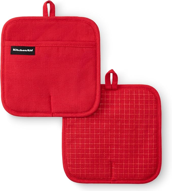 KITCHENAID Gourmet Series Gridlines Pot Holders 2-Pack Set, Heat Resistant up to 600°F, Soft Silicone Grip, Magnetic Cuff, Passion Red, 8"x8" by KitchenAid