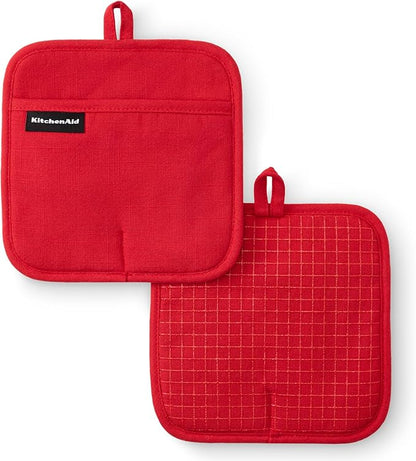 KITCHENAID Gourmet Series Gridlines Pot Holders 2-Pack Set, Heat Resistant up to 600°F, Soft Silicone Grip, Magnetic Cuff, Passion Red, 8"x8" by KitchenAid
