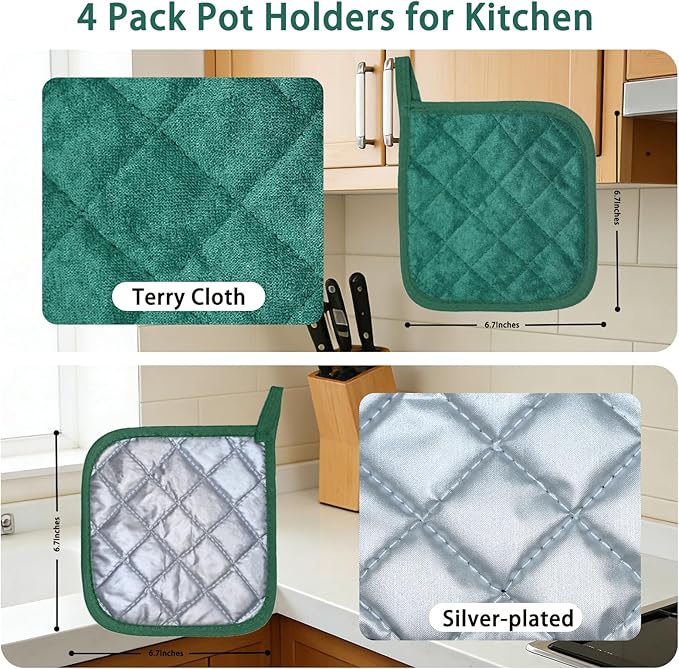 4 Pack Pot Holders for Kitchen Clearance Oven Potholders Sets for Kitchens Hot Pads for Kitchen Countertops Heat Resistant Dark Green - Image 3