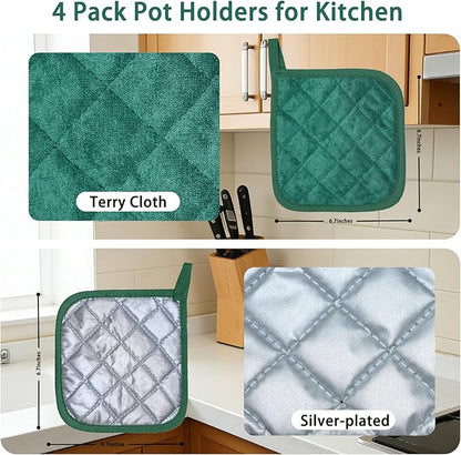 4 Pack Pot Holders for Kitchen Clearance Oven Potholders Sets for Kitchens Hot Pads for Kitchen Countertops Heat Resistant Dark Green - Image 3