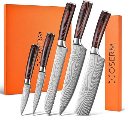 Knife Set | Gift-Ready 6-Piece (5+1) Japanese Style Kitchen Knife Set — Burgundy Gift Box with An Additional 8" Chef Knife — Ideal Christmas, Wedding & Household Gift