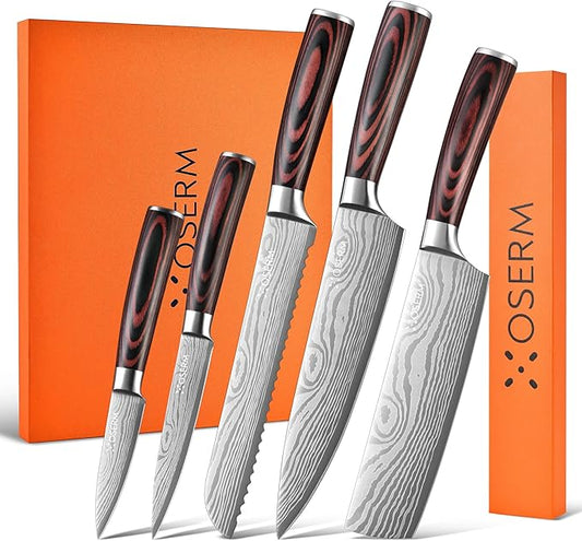 Knife Set | Gift-Ready 6-Piece (5+1) Japanese Style Kitchen Knife Set — Burgundy Gift Box with An Additional 8" Chef Knife — Ideal Christmas, Wedding & Household Gift