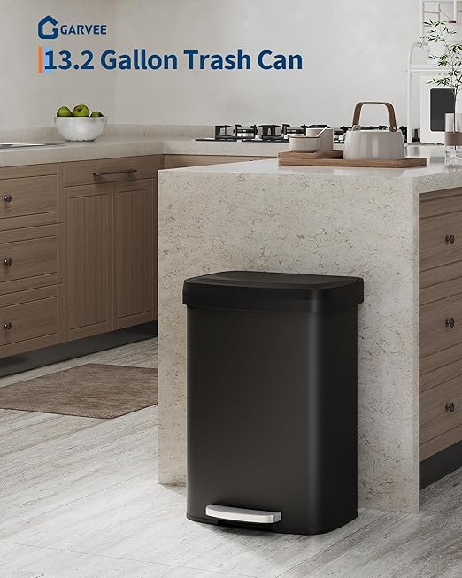 Garvee 13 gal / 50 L Metal Trash Can with Lid, Large Garbage Can for Kitchen, Rustproof Step-on Kitchen Metal Trash Bin with Liner Rim, Rear Handle, Soft Close Plastic Lid, Black - Image 2