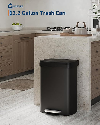 Garvee 13 gal / 50 L Metal Trash Can with Lid, Large Garbage Can for Kitchen, Rustproof Step-on Kitchen Metal Trash Bin with Liner Rim, Rear Handle, Soft Close Plastic Lid, Black - Image 2