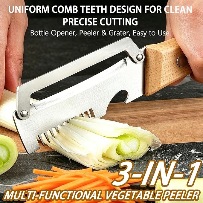 2Pcs Multi Functional Vegetable Peeler for Kitchen, with Bottle Opener and Wooden Handle, 3-in-1 Stainless Steel Kitchen Tool for Fruit Potato Pumpkin(3 in 1) - Image 4