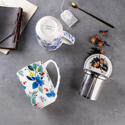 AmorArc Porcelain Tea Mug with Infuser and Lids, 18 Oz Coffee Cup Strainer with Bag Holder for Loose Leaf Tea, Steeping Coffee Mug for House-warming Wedding Birthday Gift