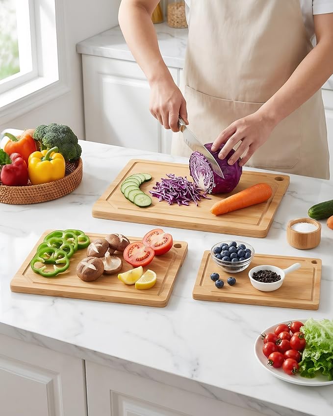 Kitchen Cutting Board Set - 3-Piece Wooden Cutting Boards for Kitchen with Juice Groove, Handles, Hang Holes, Stylish Kitchen Essentials for Chpping & Serving, Natural, 0.4"Th - (L+M+S) - Image 3