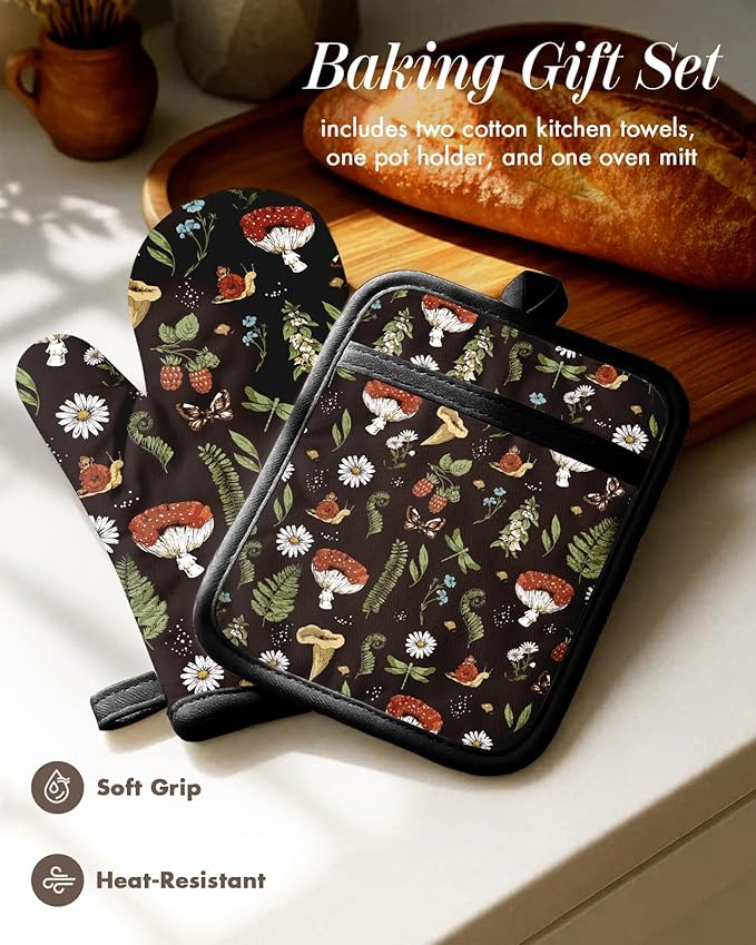 Miss Adola 270 GSM Cotton Kitchen Towels, Oven Mitt and Pot Holder - 4 Pack Kitchen Decor and Accessories Set Cute Farmhouse Boho Quilted Lining Heat Resistant Set with Hanging Loop, Black Mushroom - Image 3