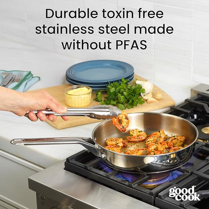 GoodCook Stainless Steel Deep Saute Pan 10.25-Inch, Oven-Safe to 500F & Induction-Safe Compatible with All Stovetops 3-Layer Construction for Even Heating Non-Toxic PTFE & PFOA Free, 3-Quarts, Silver