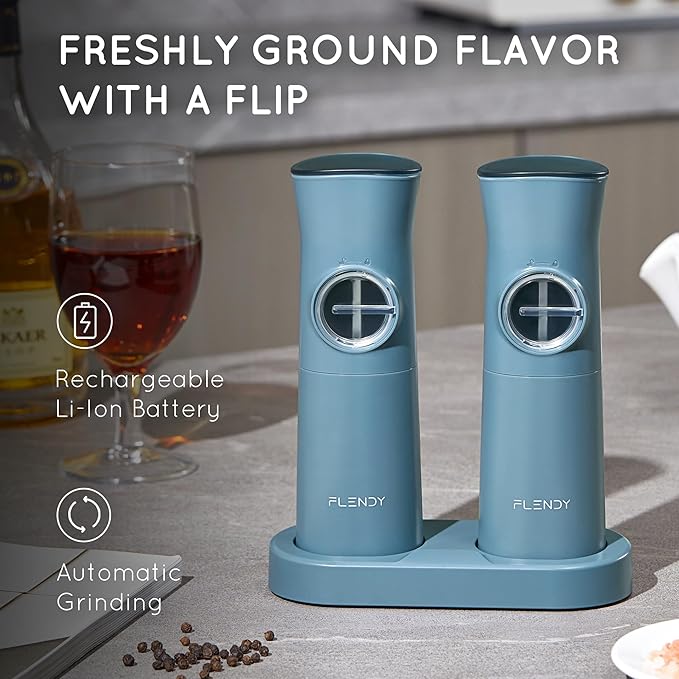 Flendy Gravity Electric Salt and Pepper Grinder Set Rechargeable, Automatic Salt and Pepper Grinder Set with USB C Charging Base, Gravity Salt and Pepper Shakers Set Electric